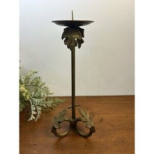 Vintage Brass Pillar Candle Holder With Leaf Motif 10” Tall